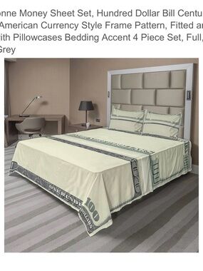 Novelty Hundred Dollar Bill Queen Bedding Set - Cream & Dark Green